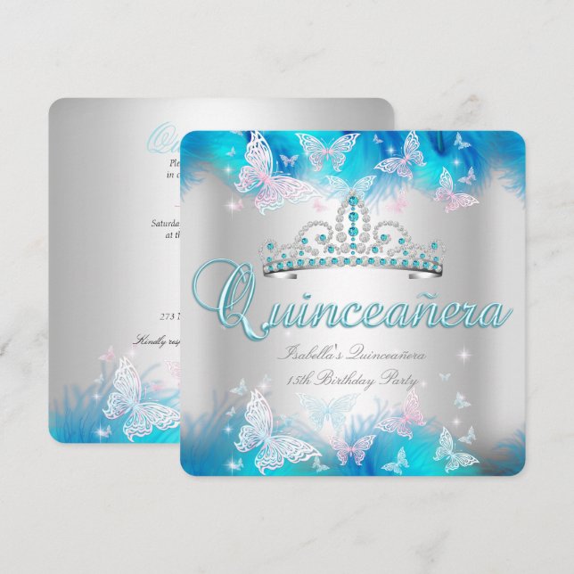 Invitación Quinceanera Fiesta Rosa Verde azulado Azul Tiara M (Anverso / Reverso)