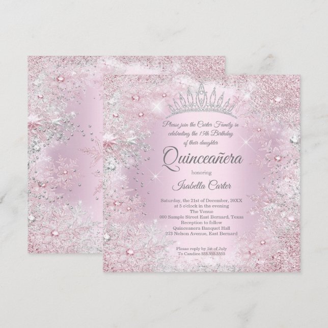 Invitación Quinceanera Fiesta rosado plateado invierno maravi (Anverso / Reverso)