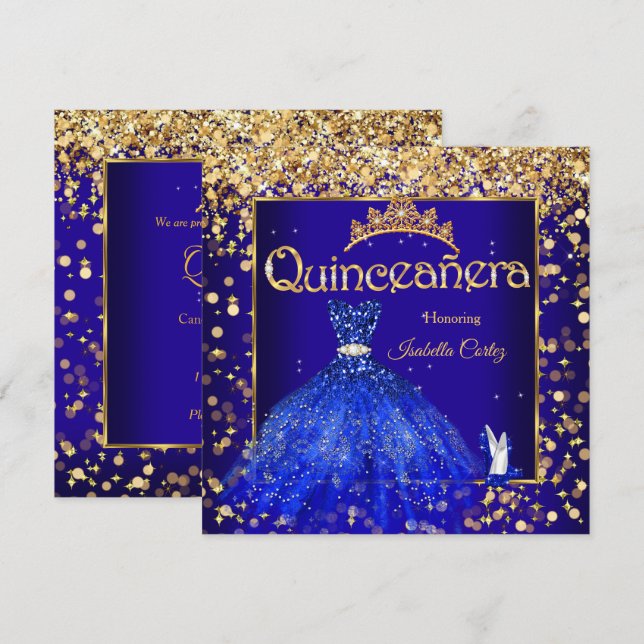 Invitación Quinceañera Fiesta Royal Blue Dress High Heol Gold (Anverso / Reverso)