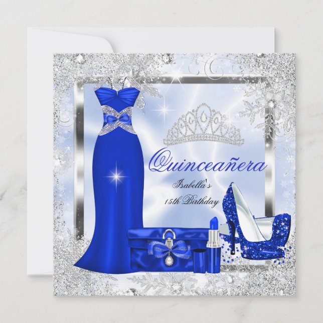 Invitación Quinceanera Fiesta Royal Blue Silver Snowflakes S3 (Anverso)