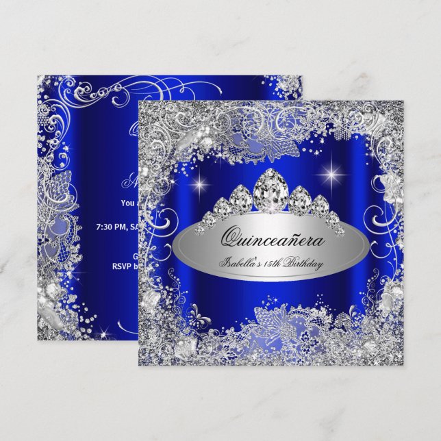 Invitación Quinceanera Fiesta Royal Blue Silver Tiara (Anverso / Reverso)