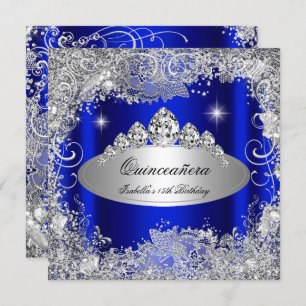 Invitación Quinceanera Fiesta Royal Blue Silver Tiara