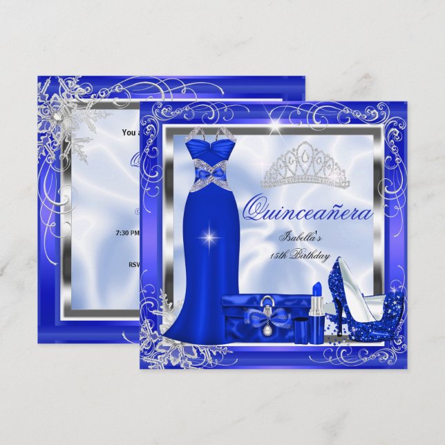 Invitación Quinceanera Fiesta Royal Blue Silver Vidres Heels  (Anverso / Reverso)