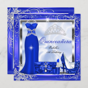 Invitación Quinceanera Fiesta Royal Blue Silver Vidres Heels