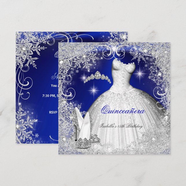 Invitación Quinceanera Fiesta Royal Blue Winowflakes (Anverso / Reverso)
