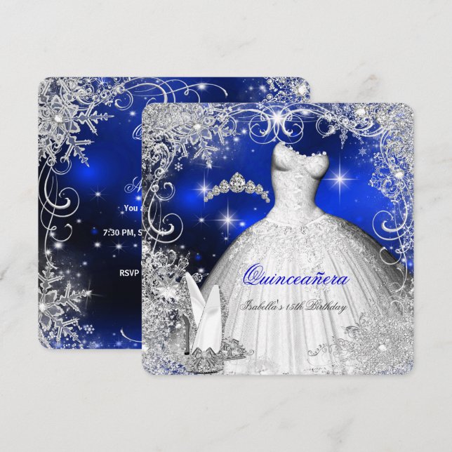 Invitación Quinceanera Fiesta Royal Blue Winter Wonderland (Anverso / Reverso)