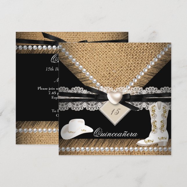 Invitación Quinceanera Fiesta Rustic Burlap Cowgirl Gorras Bo (Anverso / Reverso)
