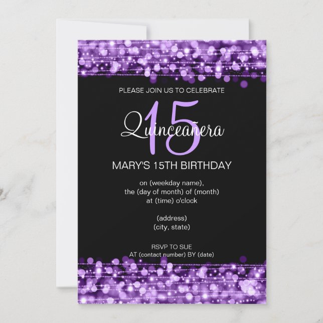 Invitación Quinceañera Fiesta Sparkles Purple (Anverso)