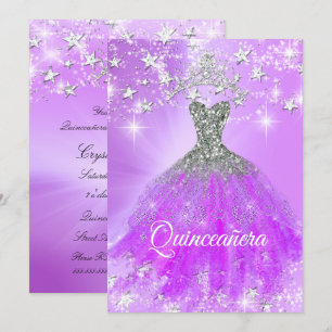 Invitación Quinceañera Fiesta Tiara Purpura con Brillo y Estr