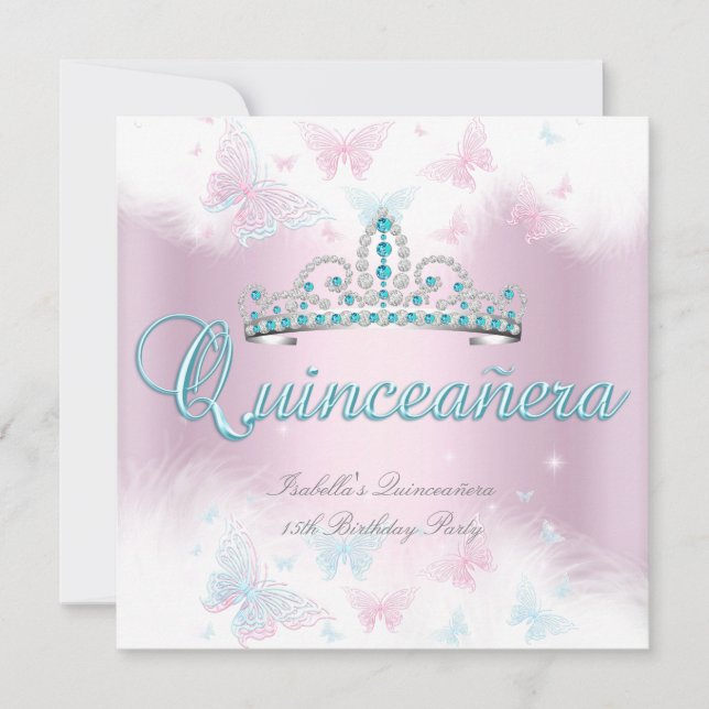 Invitación Quinceanera Fiesta Verde azulada rosa mariposa Tia (Anverso)