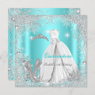 Invitación Quinceanera Fiesta Verde azulado Blue Silver Snowf