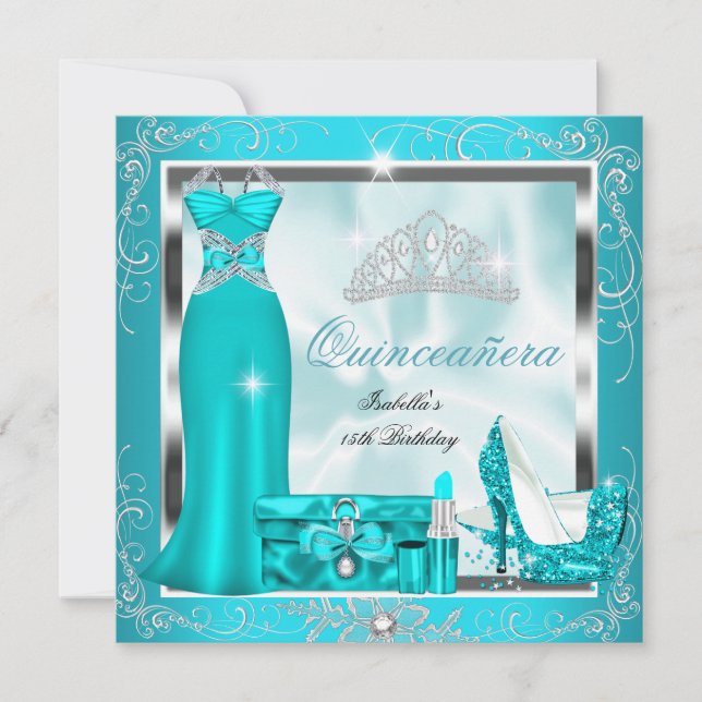 Invitación Quinceanera Fiesta Verde azulado Blue Silver Snowf (Anverso)