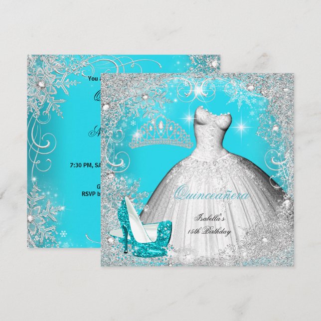 Invitación Quinceanera Fiesta Verde azulado Blue Silver Snowf (Anverso / Reverso)