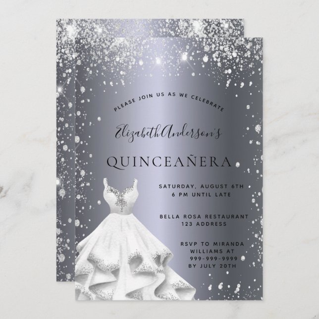 Invitación Quinceanera fiesta vestido de plata purpurina polv (Anverso / Reverso)