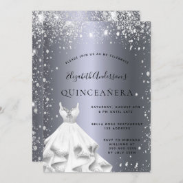 Invitación Quinceanera fiesta vestido de plata purpurina polv