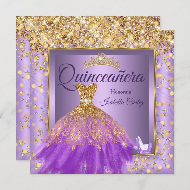 Invitación Quinceañera Fiesta Vestido púrpura tacones altos O (Anverso / Reverso)