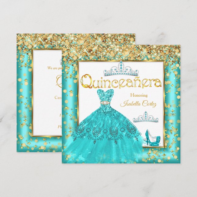 Invitación Quinceañera Fiesta Vestido Verde azulado de tacone (Anverso / Reverso)