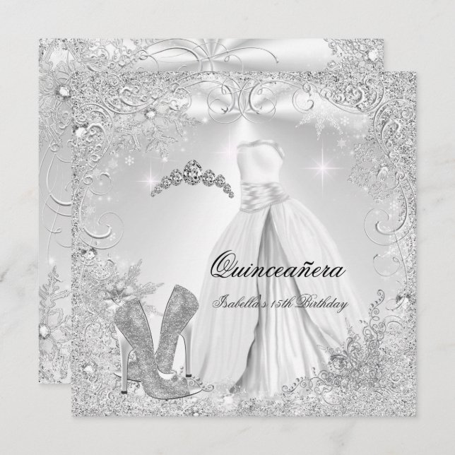 Invitación Quinceanera Fiesta White Silver copos de nieve 2 (Anverso / Reverso)