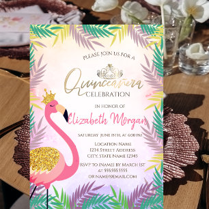 Invitación Quinceañera Flamenco Rosa Hoja Tropical