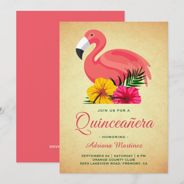 Invitación Quinceañera Flamingo Floral Rústico Vintage (Anverso / Reverso)