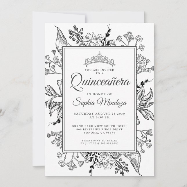 Invitación Quinceanera Flor Blanca Negra (Anverso)