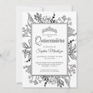 Invitación Quinceanera Flor Blanca Negra