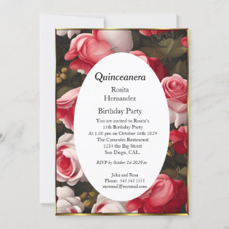 Invitación Quinceanera flor rosas rojas blancas Cumpleaños