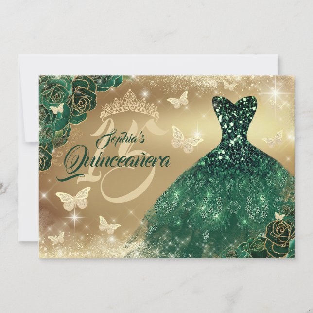 Invitación Quinceanera Flor Sparkle Dorado Esmeralda (Anverso)