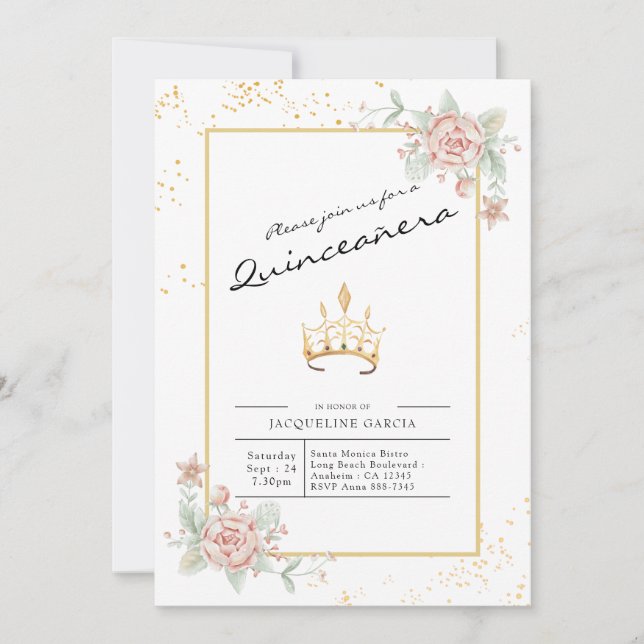 Invitación Quinceañera Floral acuarela 15 cumpleaños (Anverso)