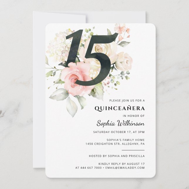 Invitación Quinceanera Floral acuarela Fiesta de cumpleaños 1 (Anverso)