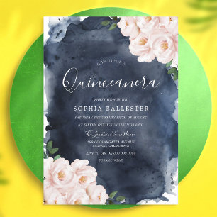 Invitación Quinceañera Floral Acuarela Rosa Claro y Azul Mari