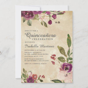 Invitación Quinceañera floral acuarela rosa rústico púrpura