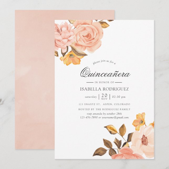 Invitación Quinceañera floral acuática Rubor rosa y dorada (Anverso / Reverso)