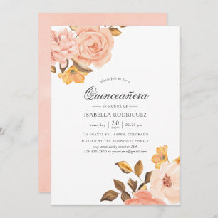 Invitación Quinceañera floral acuática Rubor rosa y dorada