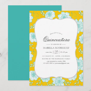 Invitación Quinceañera floral amarilla y azul turquesa