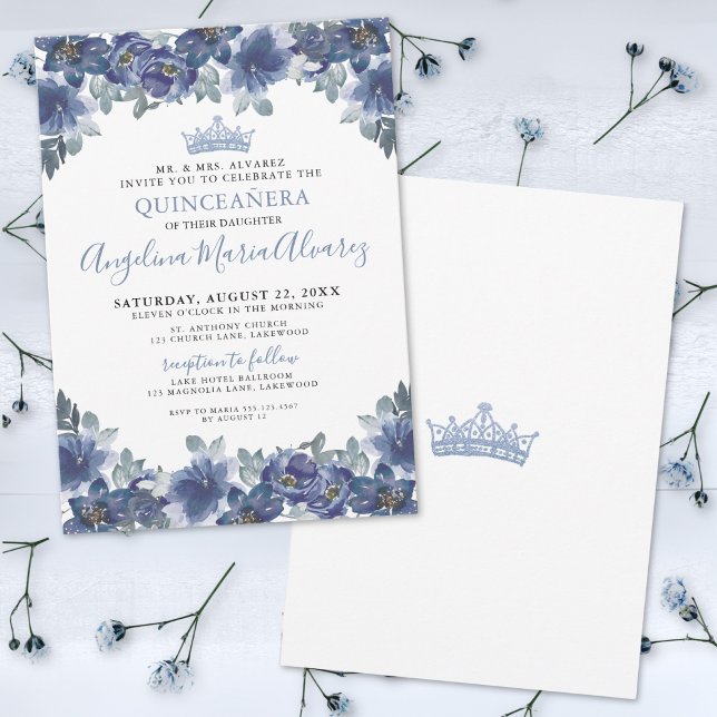 Invitación Quinceanera floral azul (Elegant Floral Blue Quinceanera Invitation)