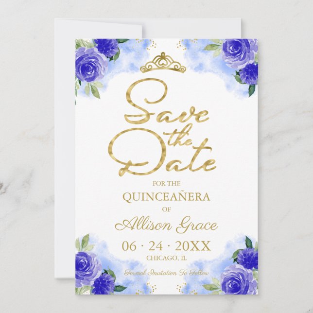 Invitación Quinceanera floral azul dorado salva la fecha (Anverso)