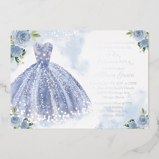 Invitación Quinceanera Floral Azul Gown Plata (Anverso)