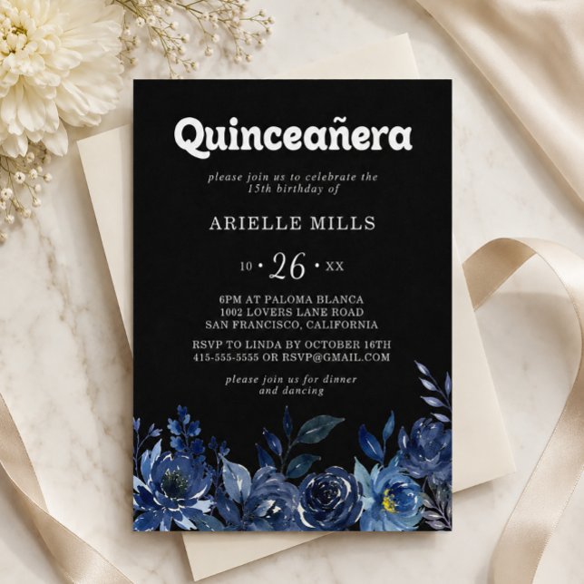 Invitación Quinceañera Floral Azul Marina Real (Subido por el creador)