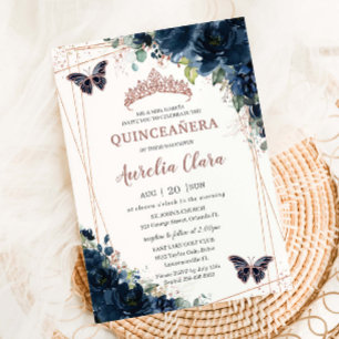 Invitación Quinceañera Floral Azul Marino Rosa Dorada Floral