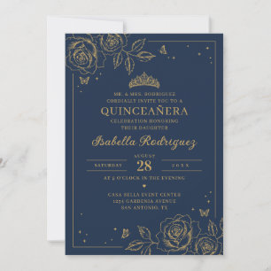 Invitación Quinceañera floral azul marino y dorado