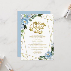 Invitación Quinceañera Floral Azul Polvo con Hojal