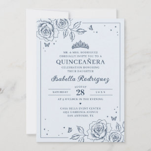 Invitación Quinceañera Floral Azul Polvoriento