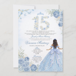 Invitación Quinceañera Floral Azul Princesa Elegante