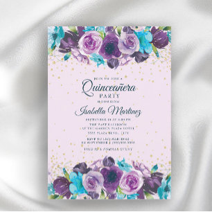 Invitación Quinceañera Floral Azul Purpura con Brillo Dorado 