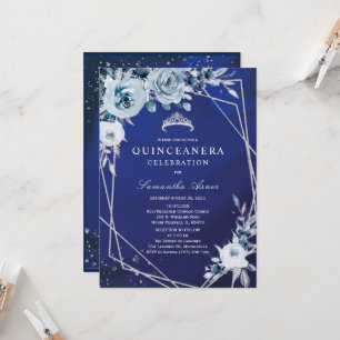 Invitación Quinceañera Floral Azul Real