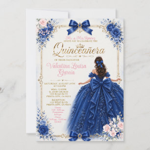 Invitación Quinceañera Floral Azul Real con Vestido de Prince