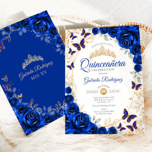 Invitación Quinceañera Floral Azul Real Dorado