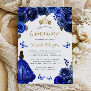 Invitación Quinceañera Floral Azul Real y Dorado