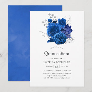 Invitación Quinceañera floral azul real y plata